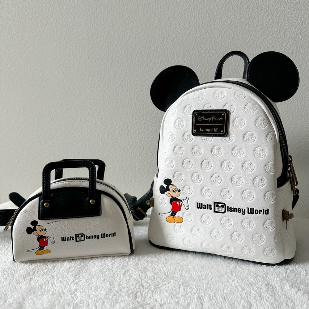 USED Disney Parks Loungefly Vault Collection Mickey Mouse Backpack and Bag Set